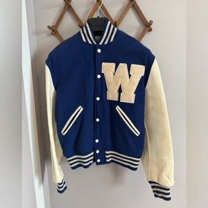 Vintage Flynntan Leather Blue Wool Varsity Jacket Size M